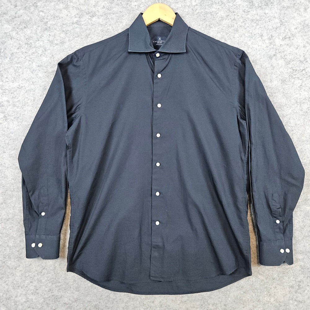 Canaletto Men's Black Dress‎ Shirt Size L 16-32/33 100% Cotton Preppy Goth FLAWS
